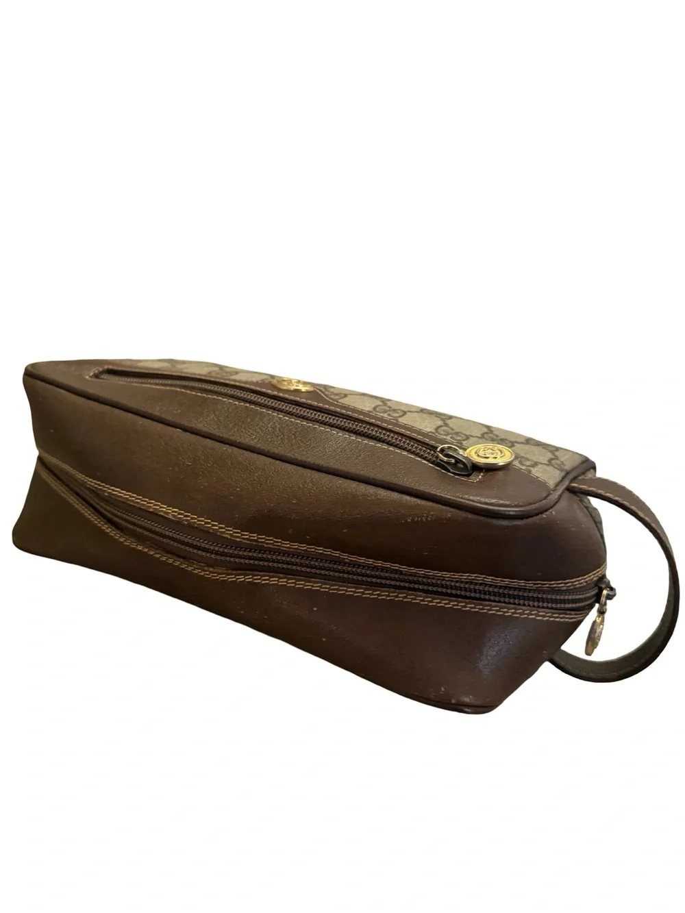 Vintage Gucci GG Supreme Monogram Toiletry Pouch Cosmetic Case Brown Leather Tri